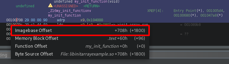 Ghidra showing function offset